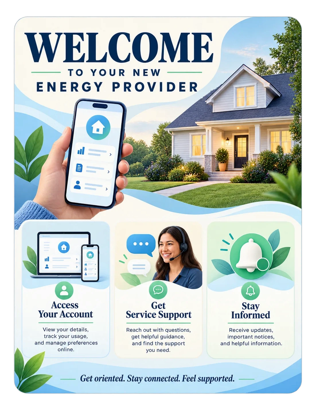 New-customer welcome sheet: welcome to your new energy provider; access your account, get service support and stay informed as three panels, and get oriented, stay connected, feel supported along the foot.