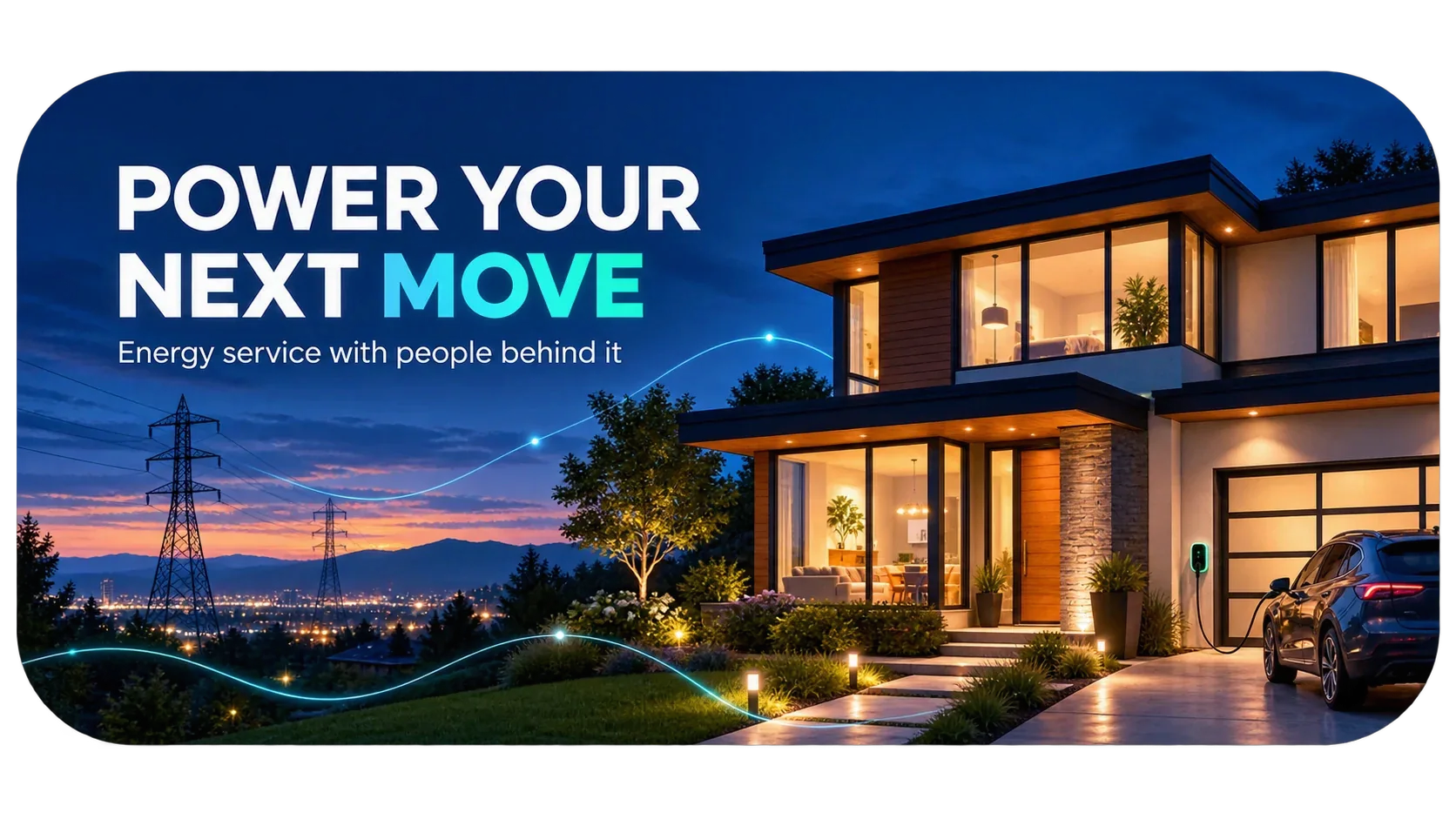 Where the response goes: power your next move, energy service with people behind it; a lit house at dusk with the line running to it, at the address the postcard prints.