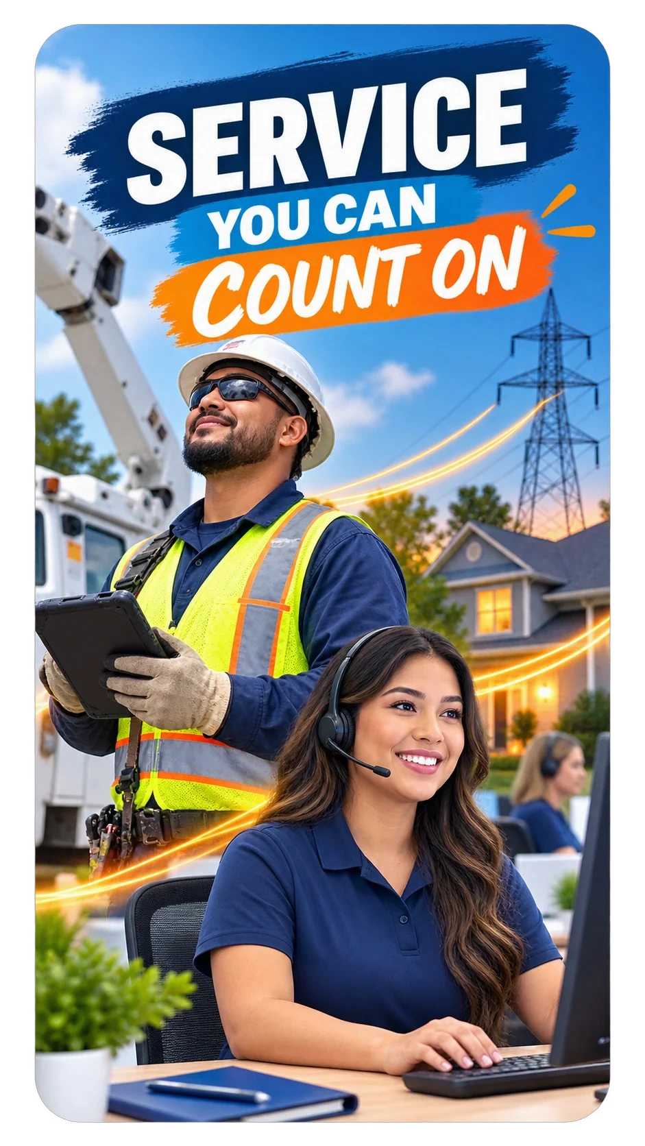 Provider-profile Reel: service you can count on; a line worker with a tablet beside the bucket truck, and a support agent at her desk.
