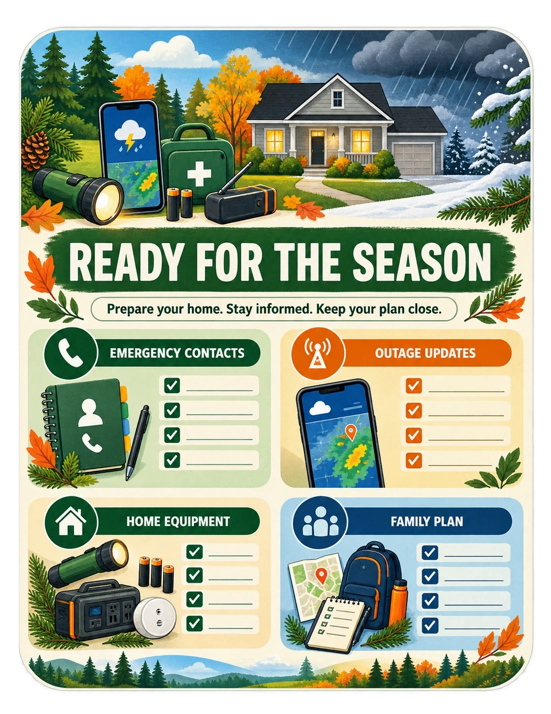 Seasonal preparedness checklist: ready for the season, prepare your home, stay informed, keep your plan close; emergency contacts, outage updates, home equipment and a family plan, every line left blank to fill in.