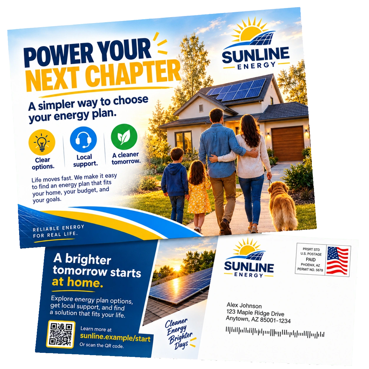 Acquisition postcard, both sides: power your next chapter, a simpler way to choose your energy plan; clear options, local support, a brighter routine; explore your options, with the supplier’s own address — and the address side with its postage indicia and blank address lines.
