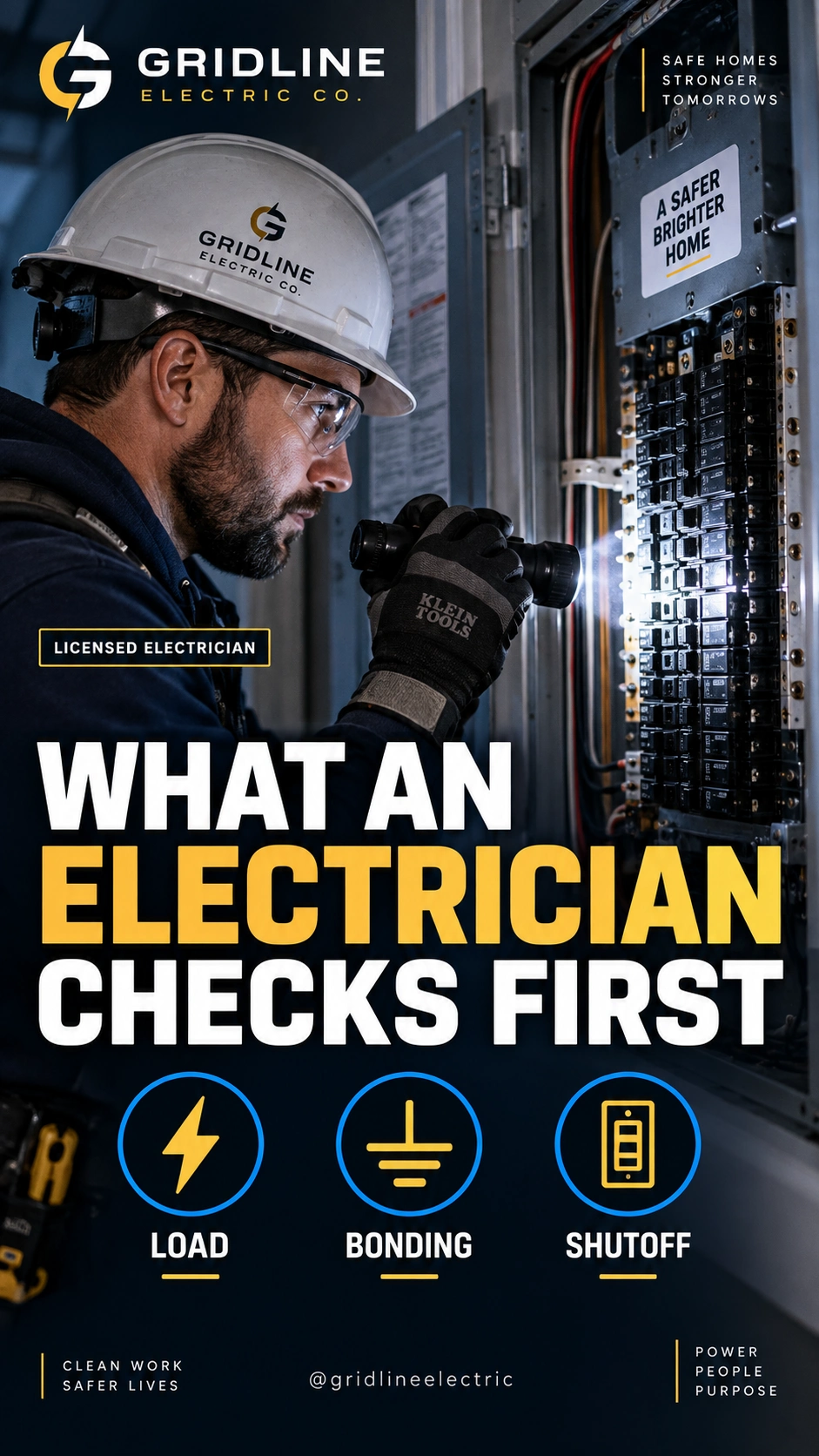 Licensed-electrician trust Reel: what an electrician checks first, load, bonding, shutoff.
