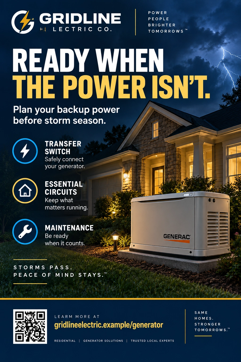 Storm-season generator postcard: transfer switch, essential circuits, maintenance, before storm season.