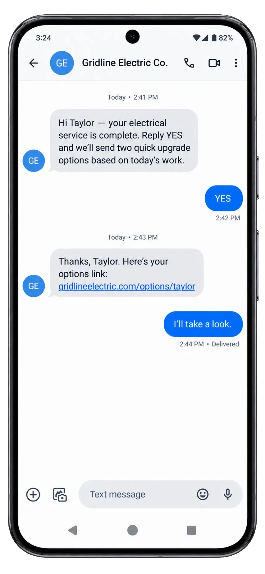 Job-completion cross-sell: the opt-in YES, then two upgrade options based on the work.