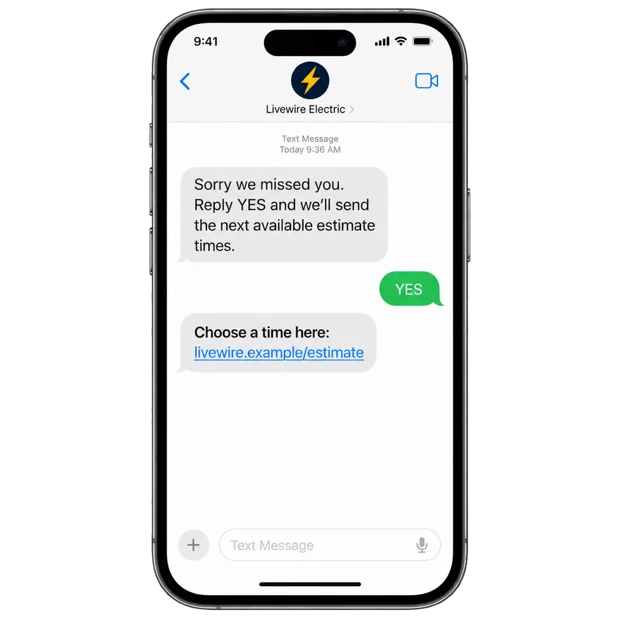 Missed-call text-back: the opt-in YES, then the next available estimate times.