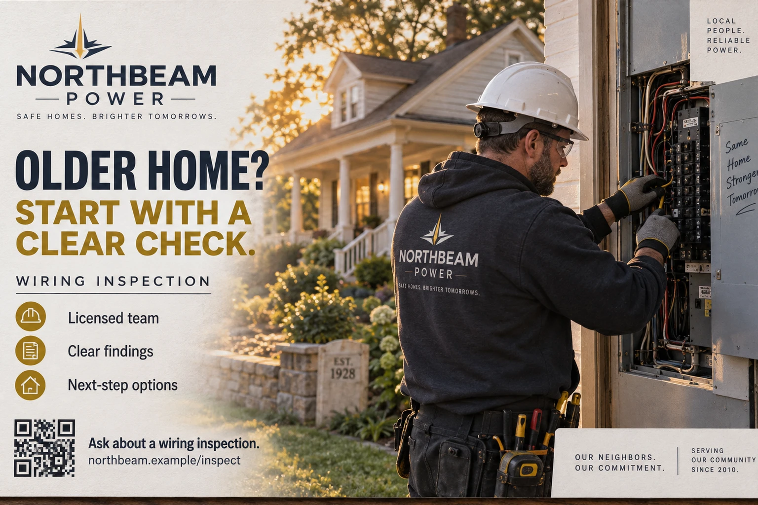 Wiring-inspection postcard for an older home: a practical wiring inspection, and a schedule-an-inspection step.