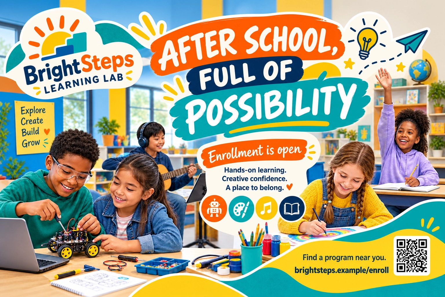 Enrollment postcard: after school, full of possibility; enrollment is open; hands-on learning, creative confidence, a place to belong; find a program near you, the QR code and the enroll page’s address.