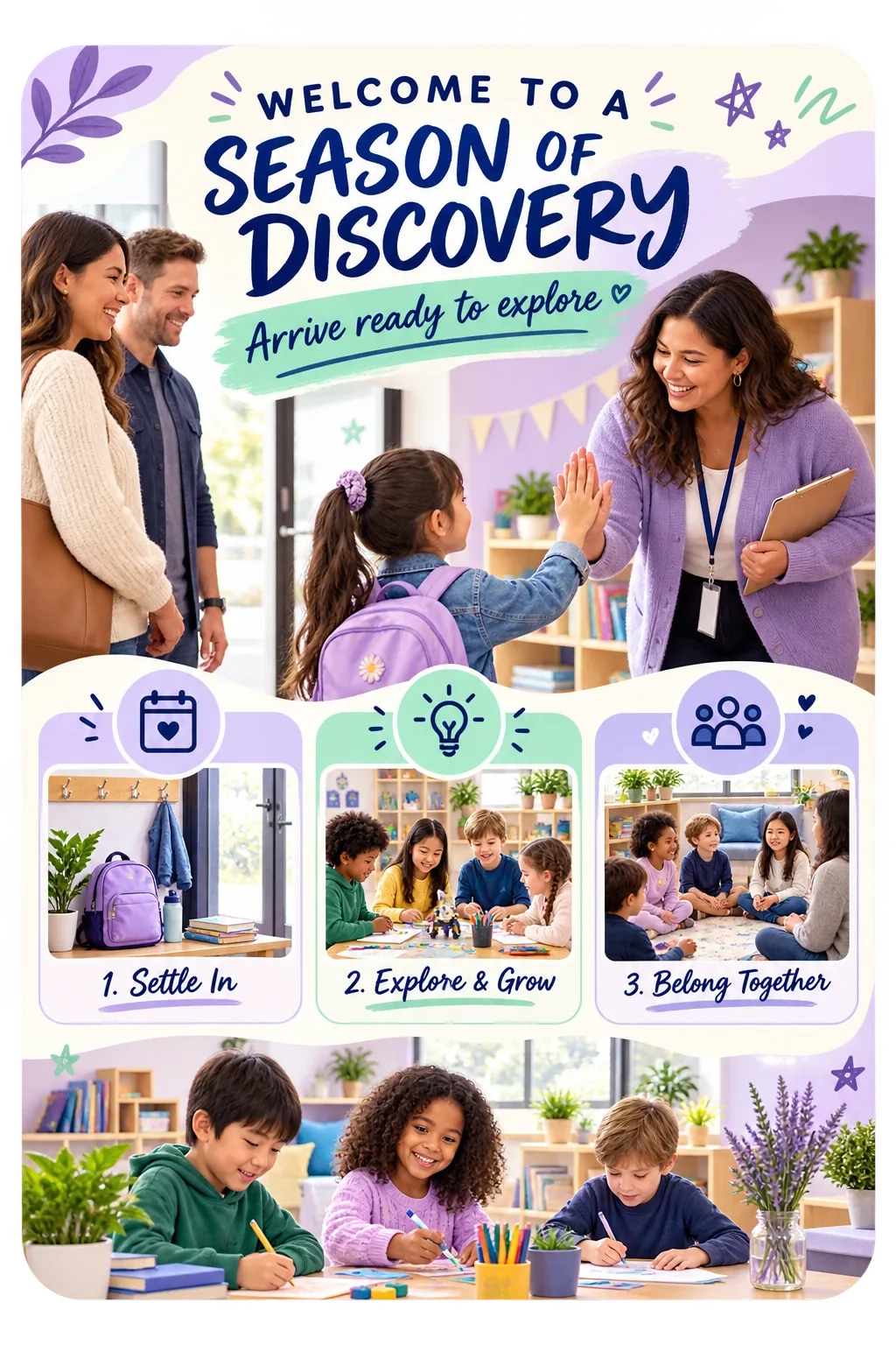 New-family welcome sheet: welcome to a season of discovery, arrive ready to explore; settle in, explore and grow, belong together.