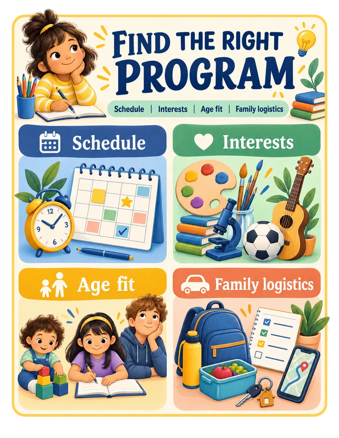 Parent program decision guide: find the right program; schedule, interests, age fit, family logistics.
