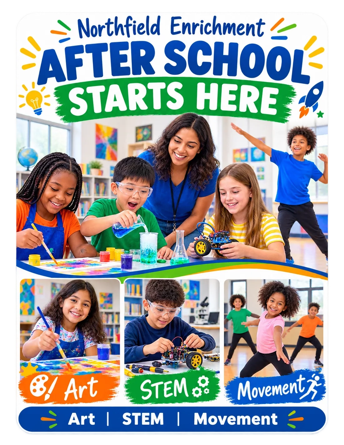 School and partner flyer: after school starts here; art, STEM, movement.