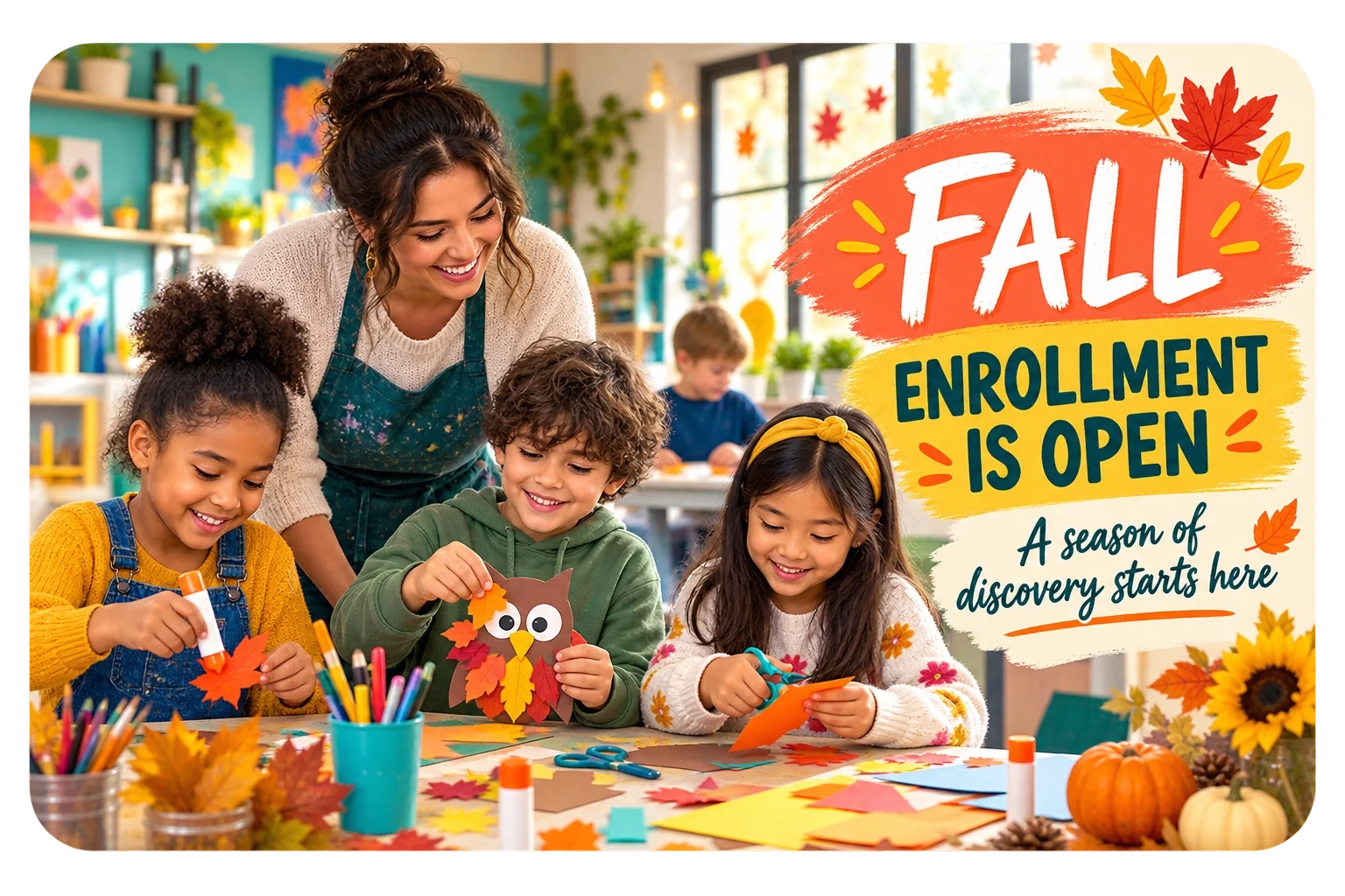 Seasonal enrollment postcard: fall enrollment is open, a season of discovery starts here.