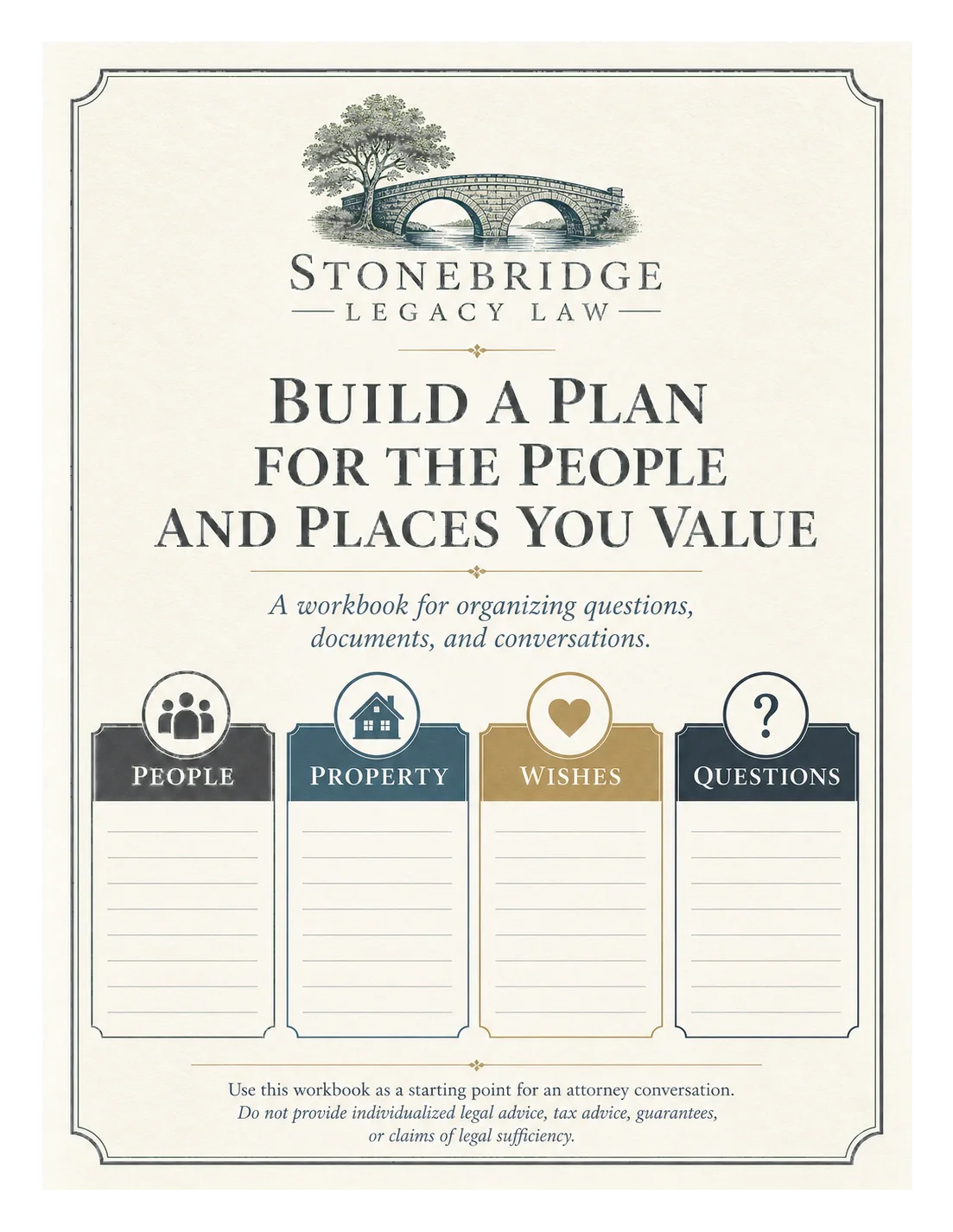 Legacy workbook: build a plan for the people and places you value; people, property, wishes, questions; a starting point for an attorney conversation, with no individualized legal advice.