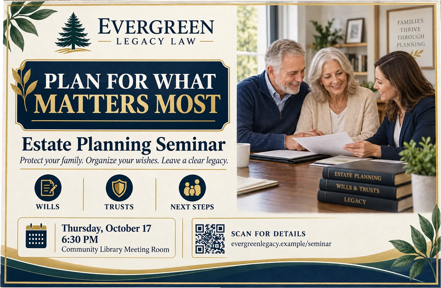 Seminar invitation postcard: plan with confidence, your family legacy workshop, a practical conversation about wills, trusts and next steps; the day and the hour printed on the card; reserve your seat, with the RSVP address.