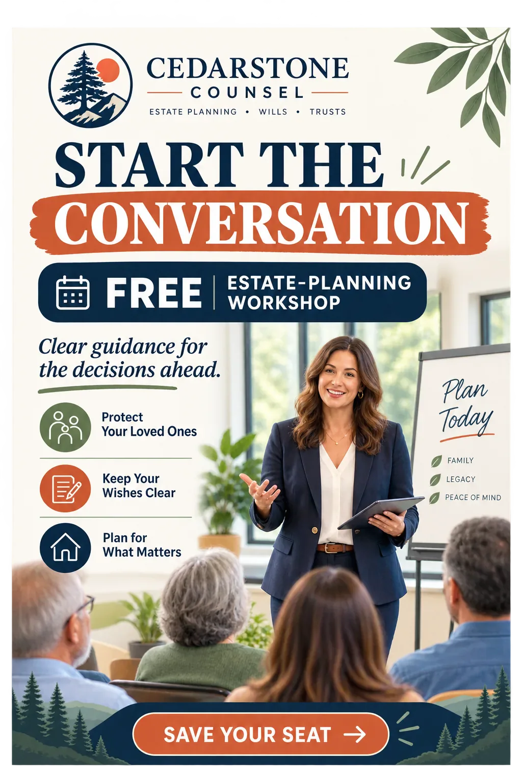 Workshop-registration ad: start the conversation, a free estate-planning workshop, clear guidance for the decisions ahead; protect your loved ones, keep your wishes clear, plan for what matters; save your seat.