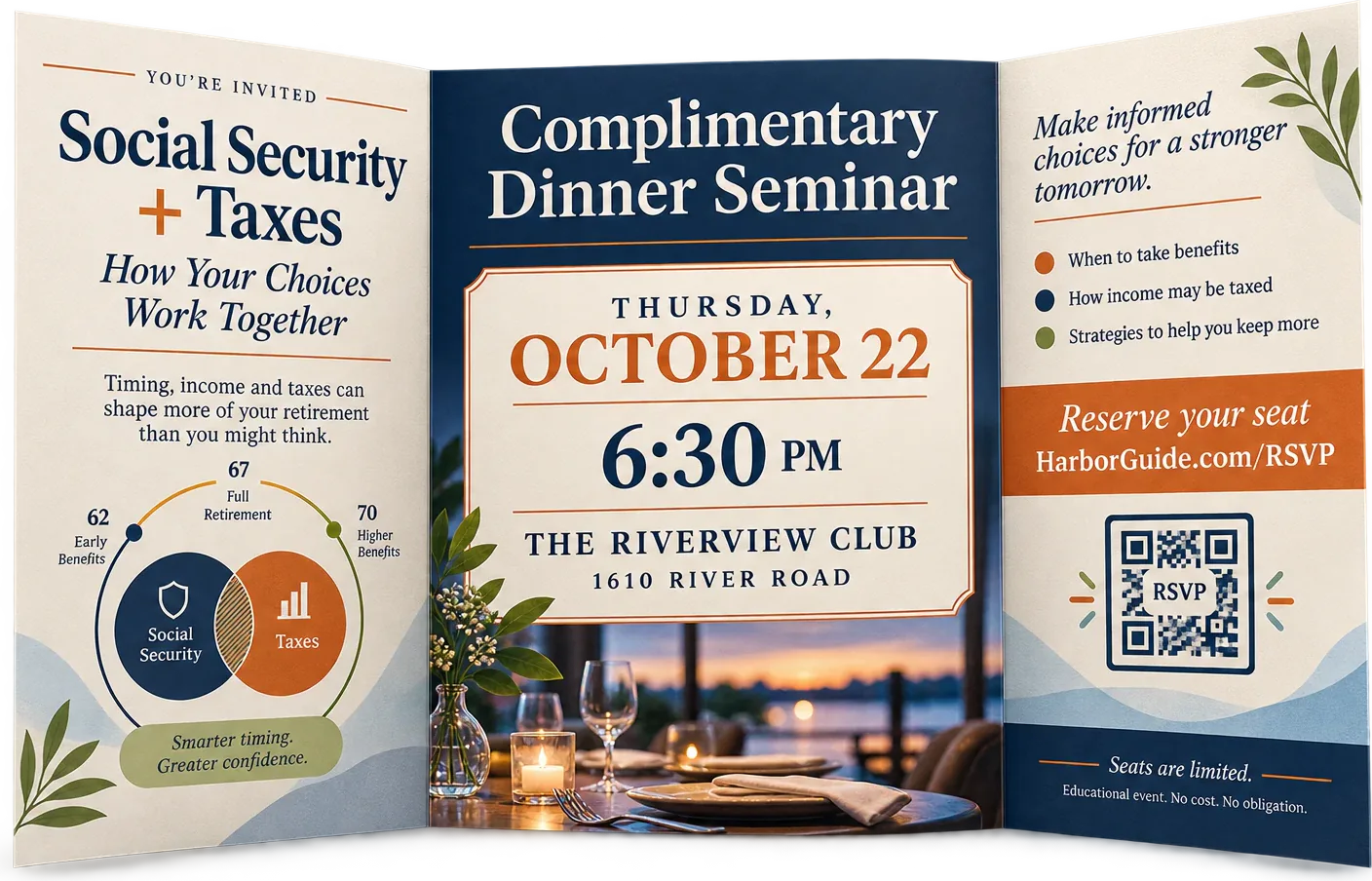 Tri-fold invitation, direct-mail creative for a complimentary Social Security and taxes dinner seminar: Thursday, October 22 at 6:30 PM at The Riverview Club, with a Reserve your seat web address and QR code, and the line Educational event. No cost. No obligation.