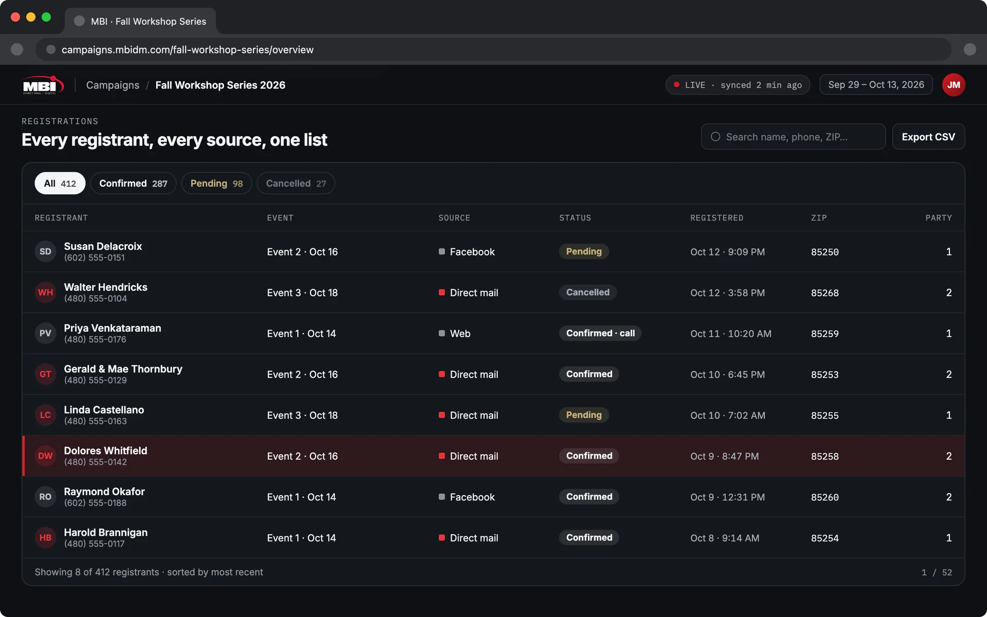 Event dashboard, registration list: every registrant with event, source, status, date, ZIP and party size, filters for confirmed, pending and cancelled, search and export.