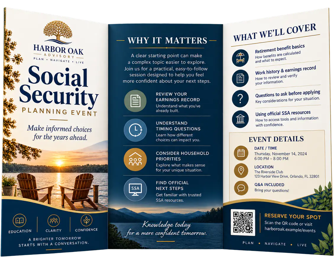 Trifold brochure, printed seminar material for a Social Security planning event: the left panel headed Social Security Planning Event over a lakeside dock at sunset, a navy middle panel headed Why it matters, and a right panel headed What we&rsquo;ll cover over the event details and a Reserve your spot QR code.