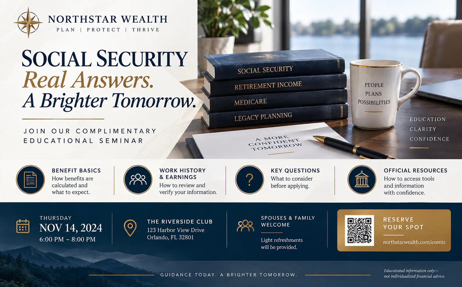 Social Security educational seminar self-mailer with topic panel, event-detail fields, RSVP path and compliance-safe disclaimer.