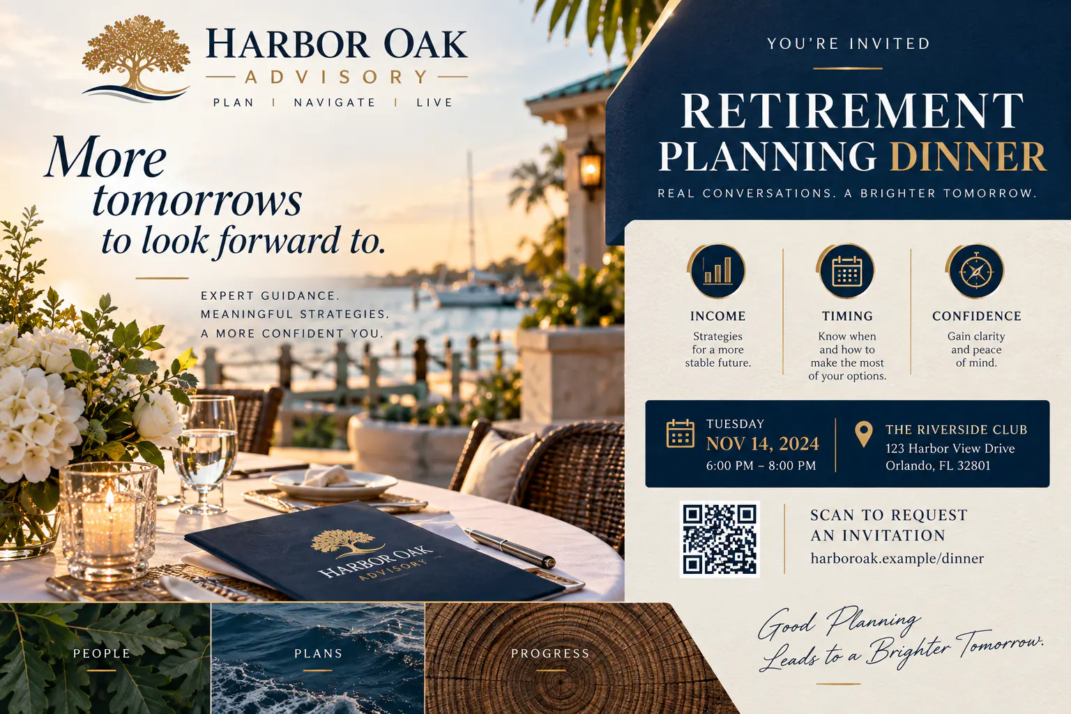 Postcard, direct-mail creative for a retirement-planning dinner: an invitation to an evening on income, timing and confidence at a waterside club, with a scan-to-request-an-invitation panel.