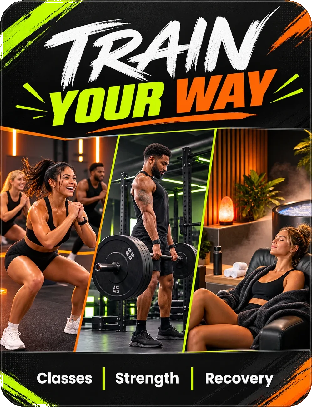 Classes and amenities carousel: train your way, with classes, strength and recovery as three marked panels — a coached group session, a lift on the platform, and the recovery room.