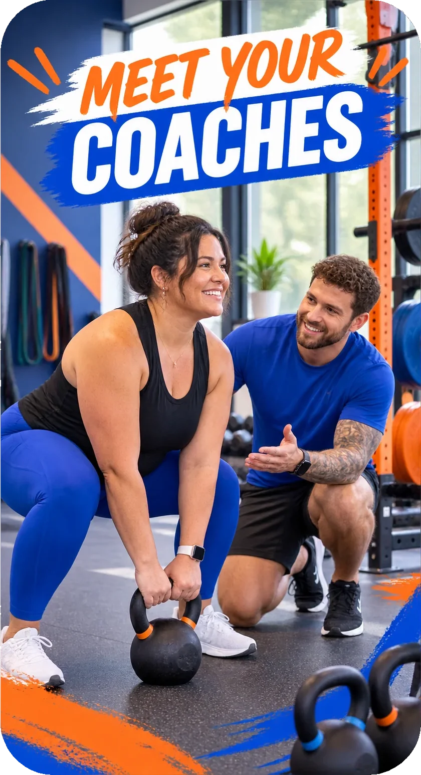 Coach profile Reel: meet your coaches, a coach kneeling beside a member mid-lift on the club’s own floor.