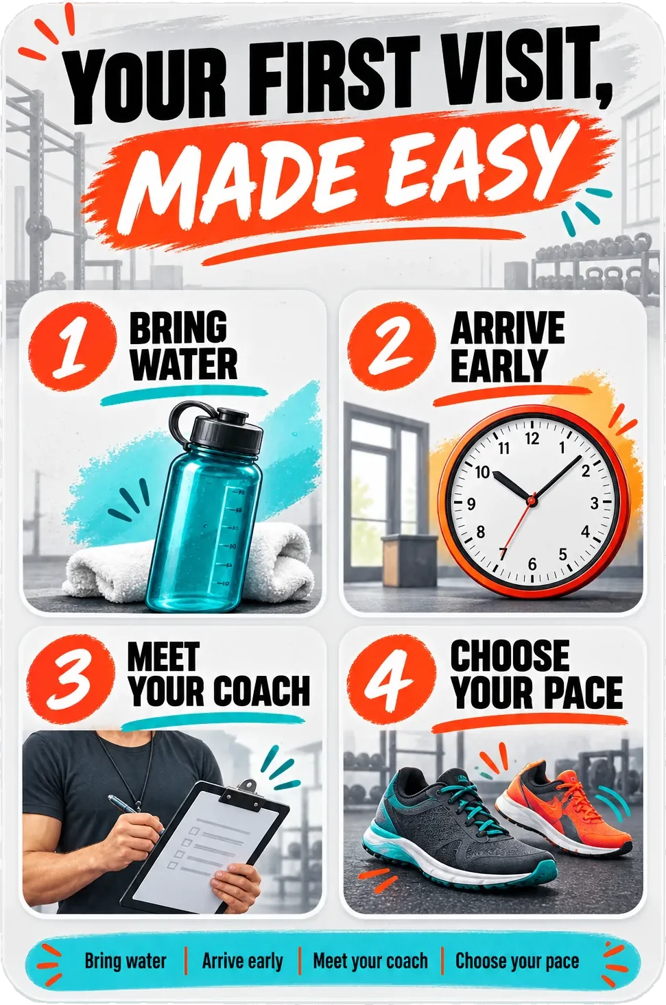 First-visit checklist: your first visit, made easy, with bring water, arrive early, meet your coach and choose your pace as four numbered panels.