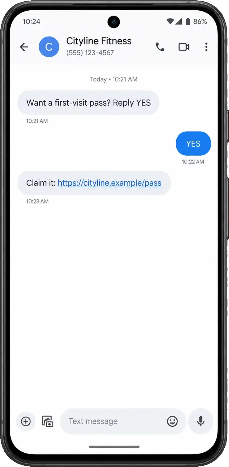 First-visit offer text: want a first-visit pass, reply YES; the YES, then the pass link written for that phone.