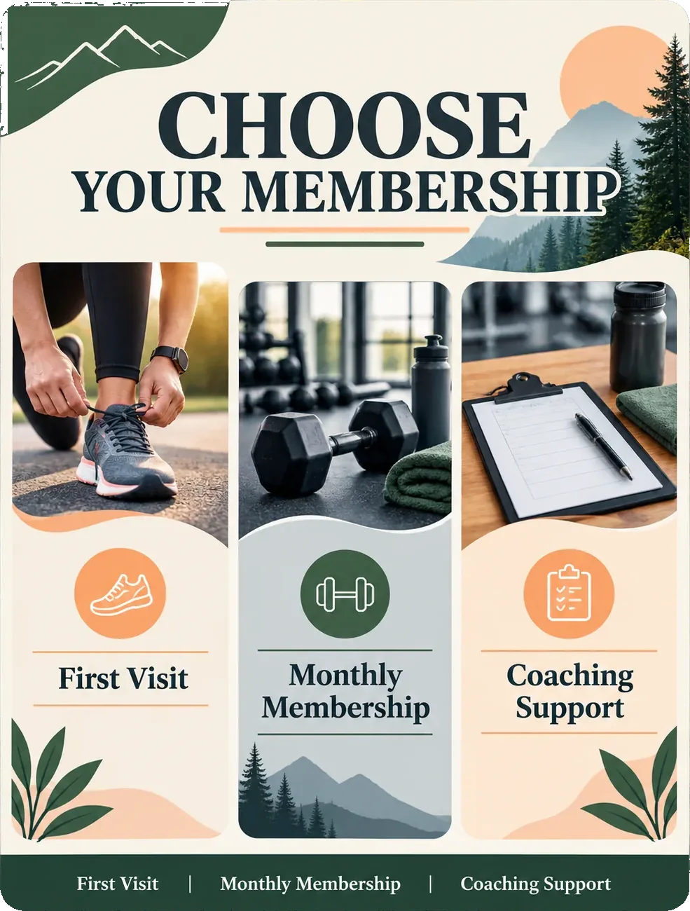 Membership comparison sheet: choose your membership, with first visit, monthly membership and coaching support as three marked columns.