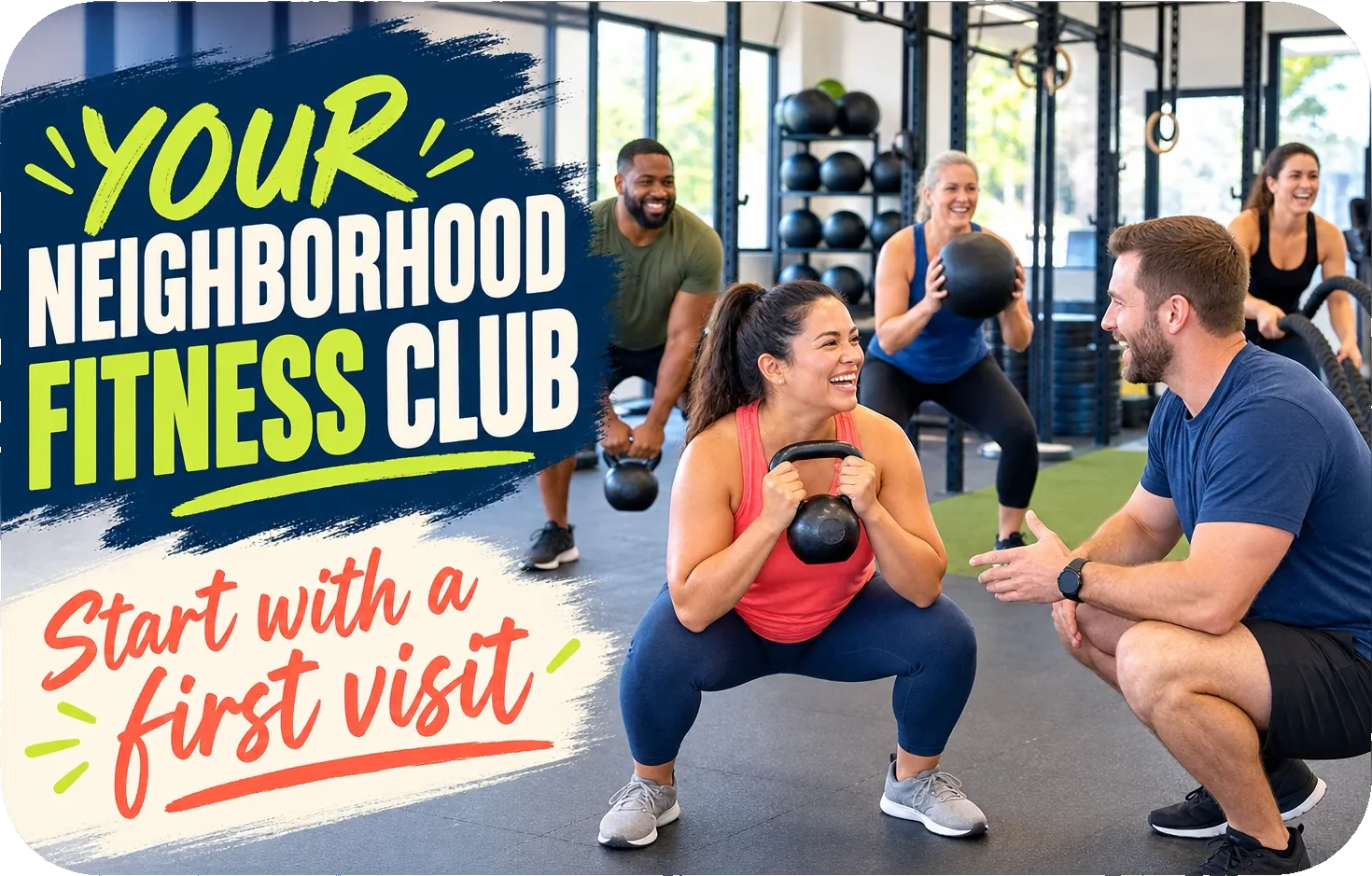 Neighborhood membership postcard: your neighborhood fitness club, start with a first visit, over a coached floor of members working through a group session.