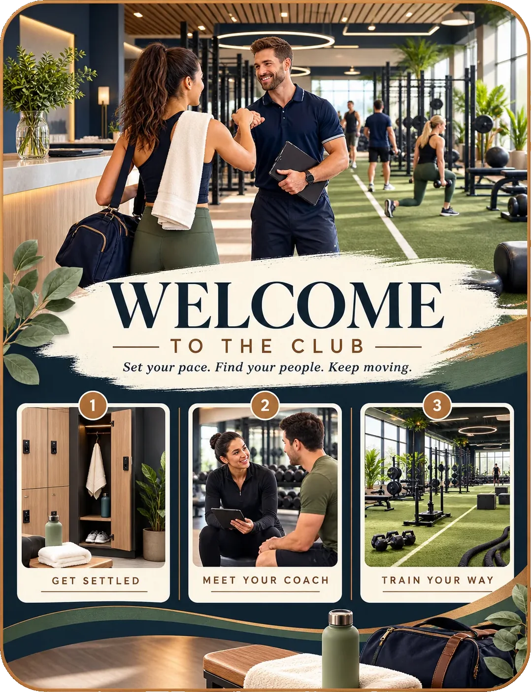 New-member welcome sheet: welcome to the club, set your pace, find your people, keep moving, with get settled, meet your coach and train your way as three numbered panels.