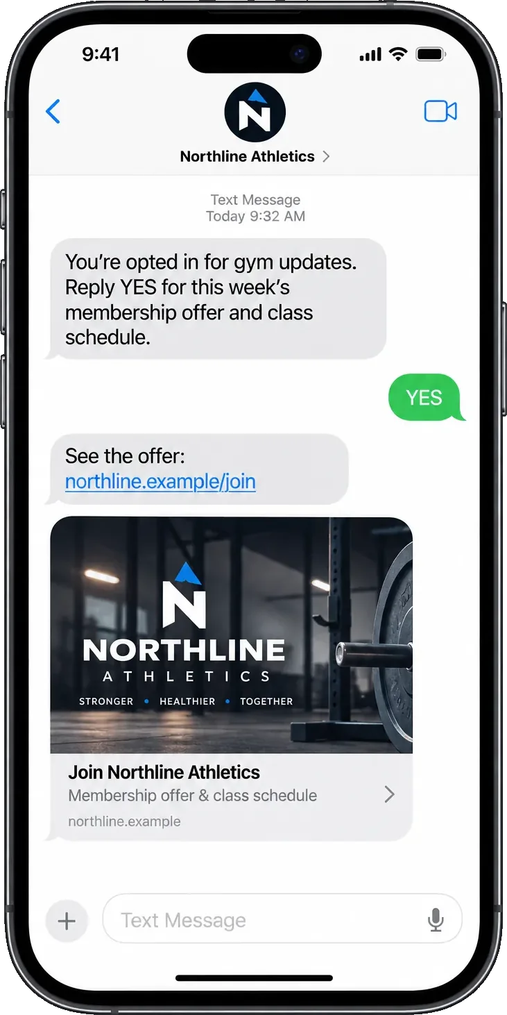Promotional text, addressed from the club: you’re opted in for gym updates, reply YES for this week’s membership offer and class schedule; the YES, then the offer link and the card it opens.