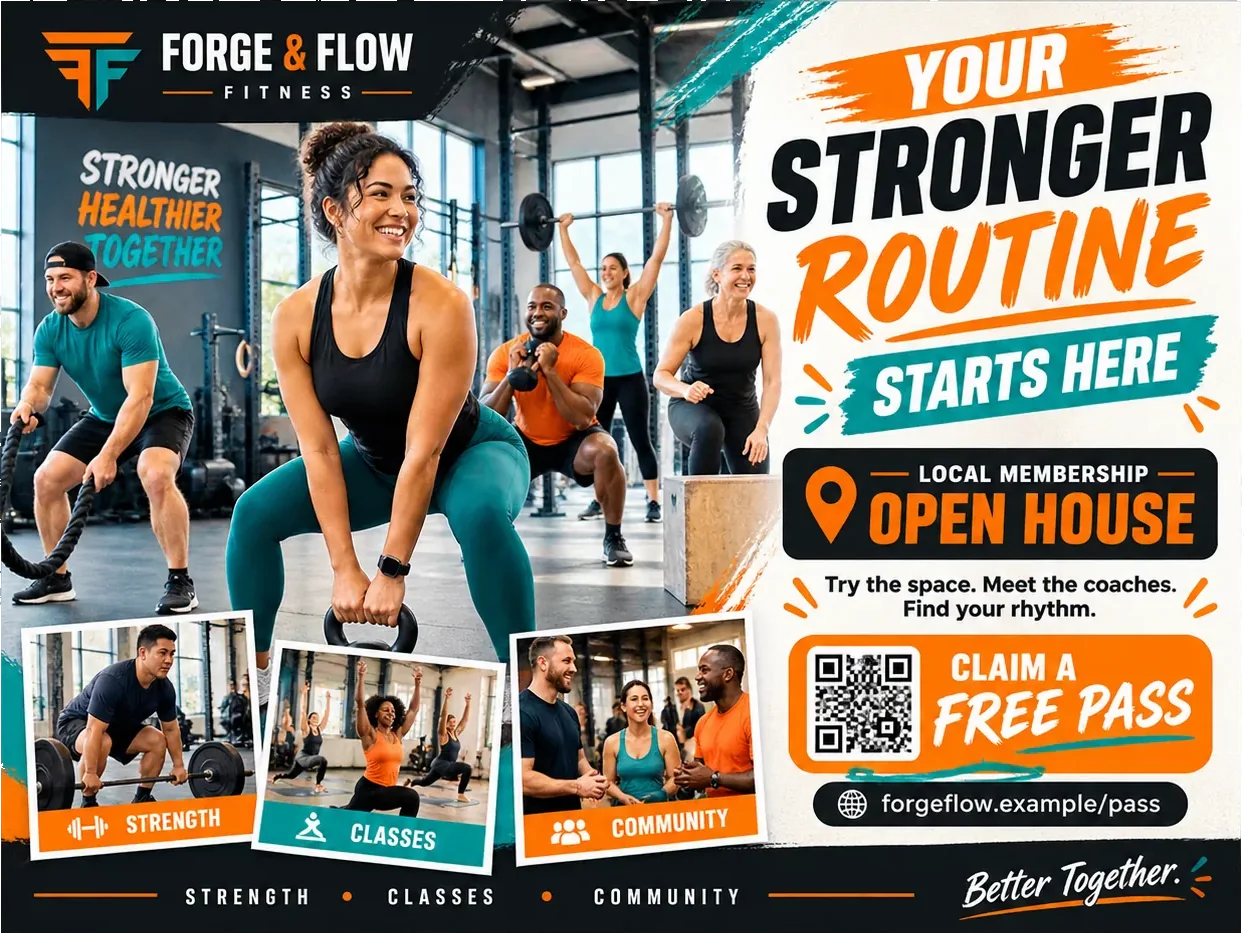 Retargeting feed unit: your stronger routine starts here, with strength, classes and community as three marked panels, better together along the foot, and a claim block carrying the club’s own pass address.