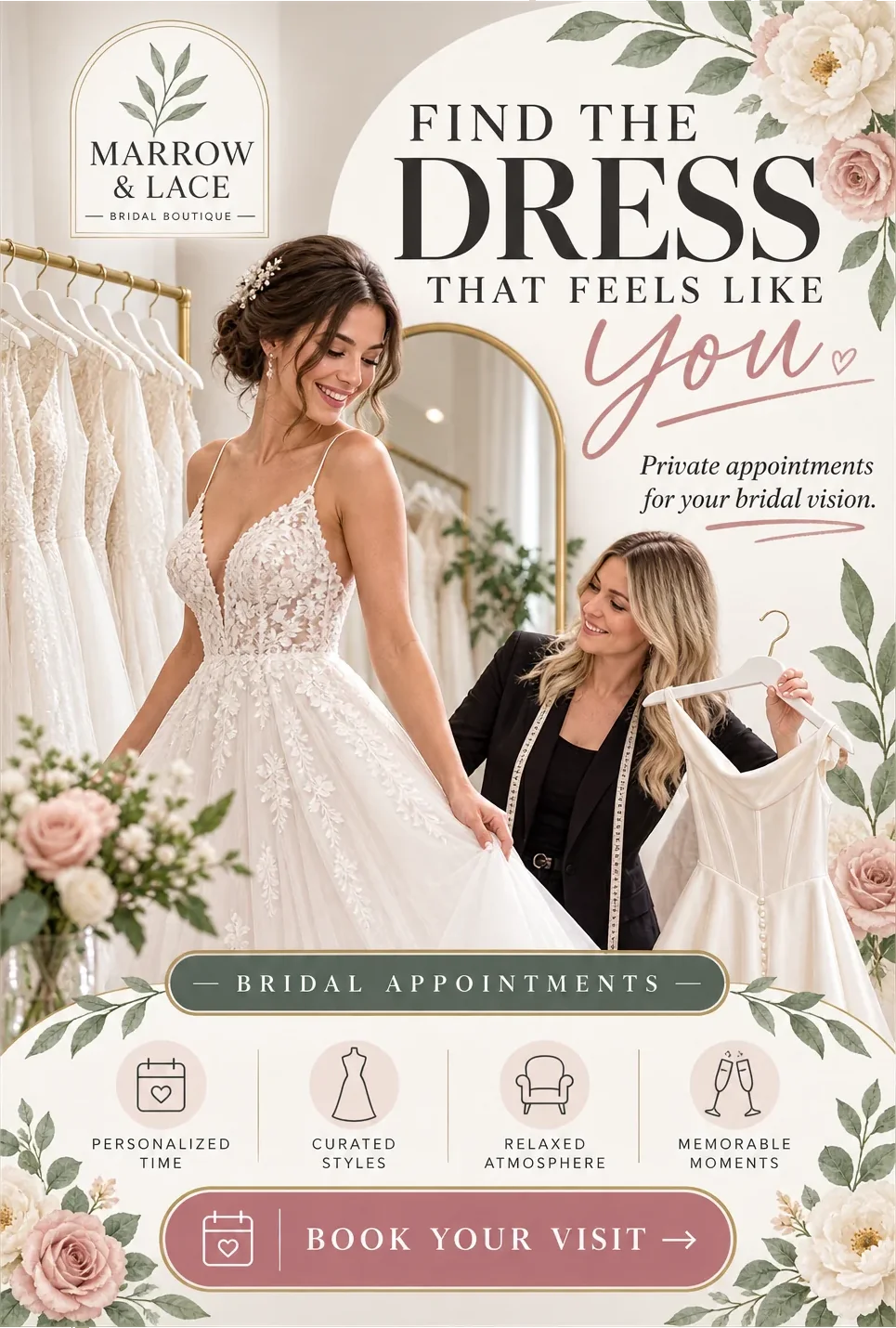 Bridal appointment feed unit: find the dress that feels like you, private appointments for your bridal vision, with personalized time, curated styles, relaxed atmosphere and memorable moments as four marked panels, and book your visit.