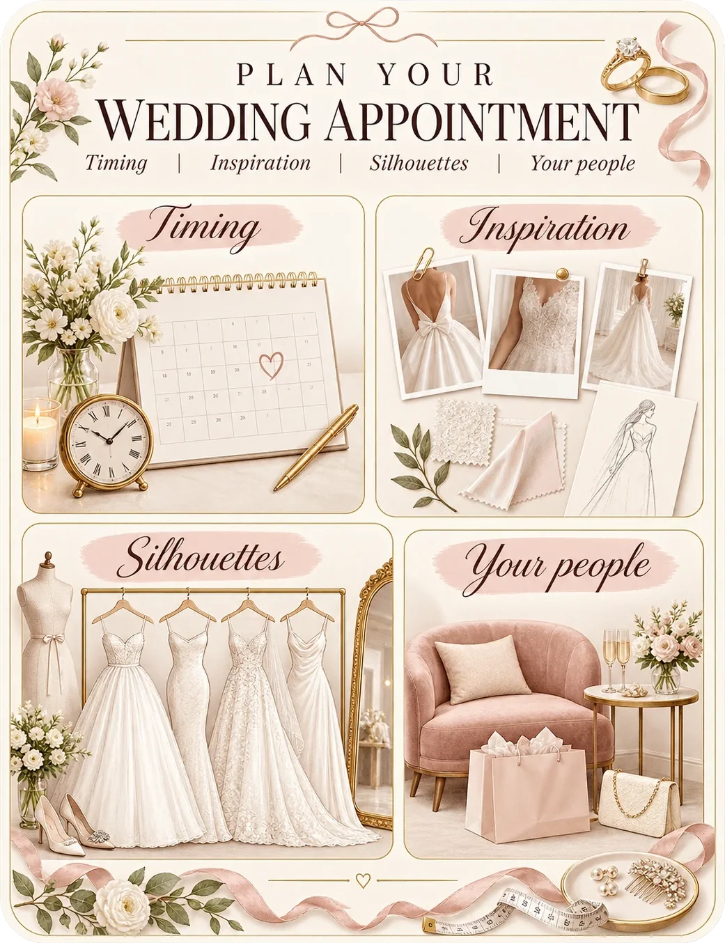 Appointment planning guide: plan your wedding appointment, with timing, inspiration, silhouettes and your people as four marked panels.