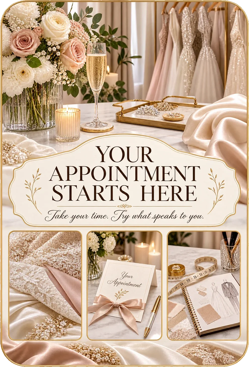 Appointment welcome sheet: your appointment starts here, take your time, try what speaks to you, with the fabrics, the appointment card and the sketchbook laid out beneath it.
