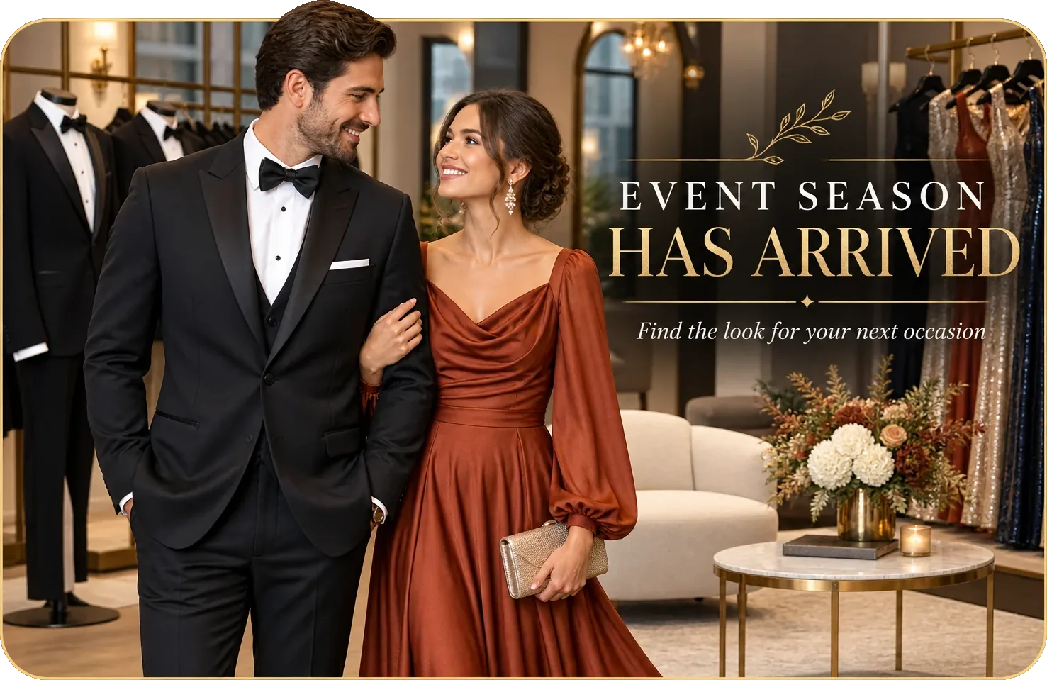 Event-season postcard: event season has arrived, find the look for your next occasion, over a couple in the boutique with the tuxedo forms behind them and the occasion rail beyond.