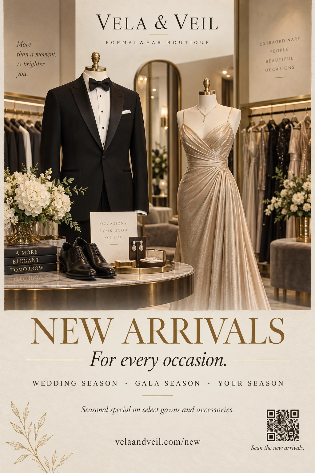 New-stock postcard: the new edition has arrived, new arrivals, special appointments and seasonal offers, a seasonal special on select gowns and accessories marked up to twenty per cent off for a limited time, find the one, and visit the boutique with the label’s own new-arrivals address.