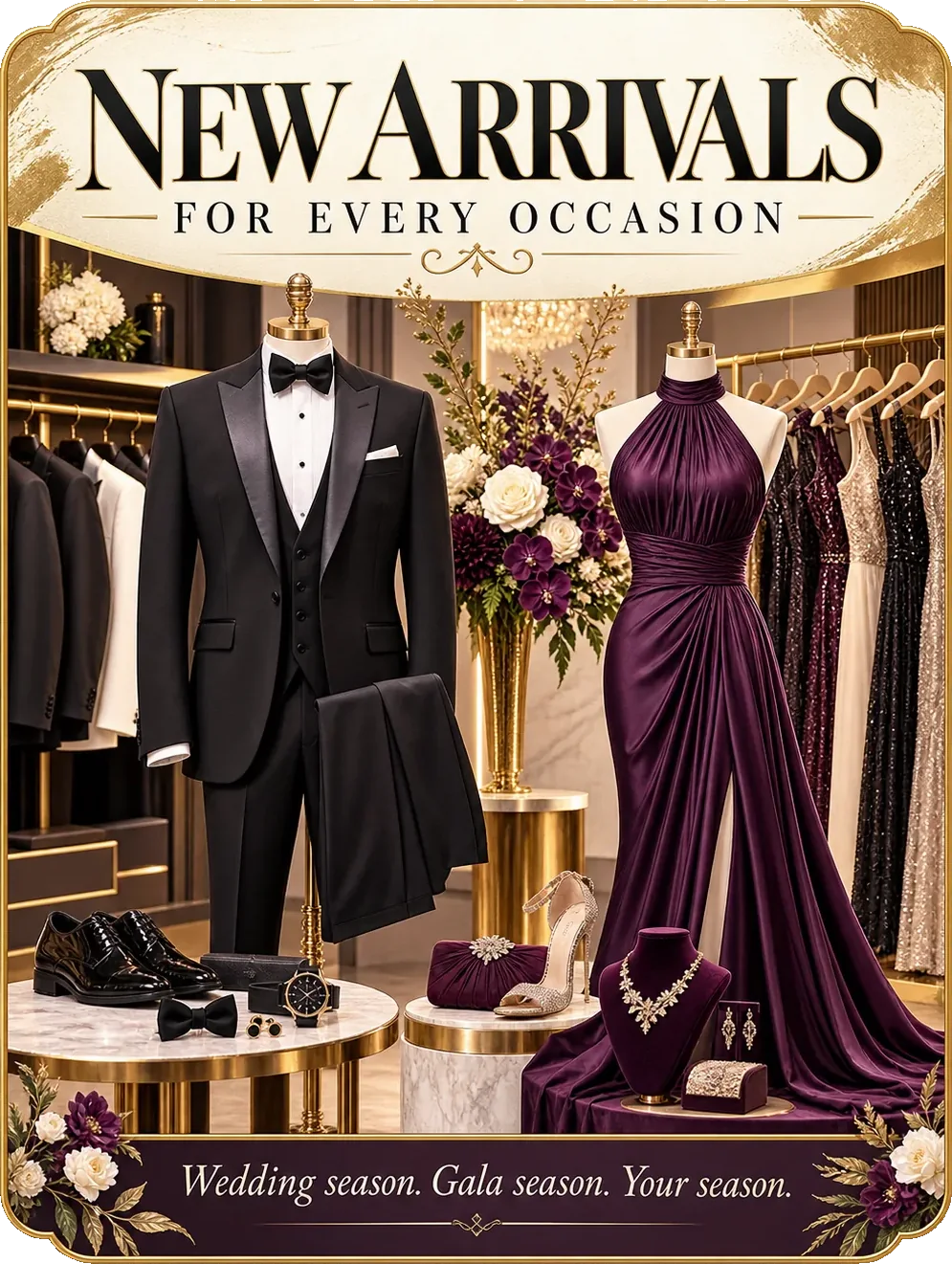 New-stock self-mailer: new arrivals for every occasion, a tuxedo and an occasion gown shown with the shoes, the clutch and the jewellery beside them, and wedding season, gala season, your season along the foot.