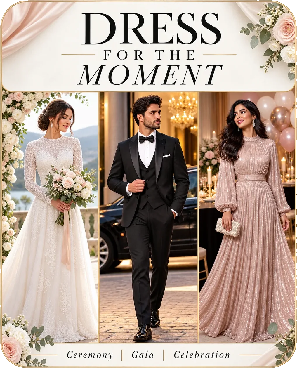Occasionwear carousel: dress for the moment, with ceremony, gala and celebration as three marked panels.