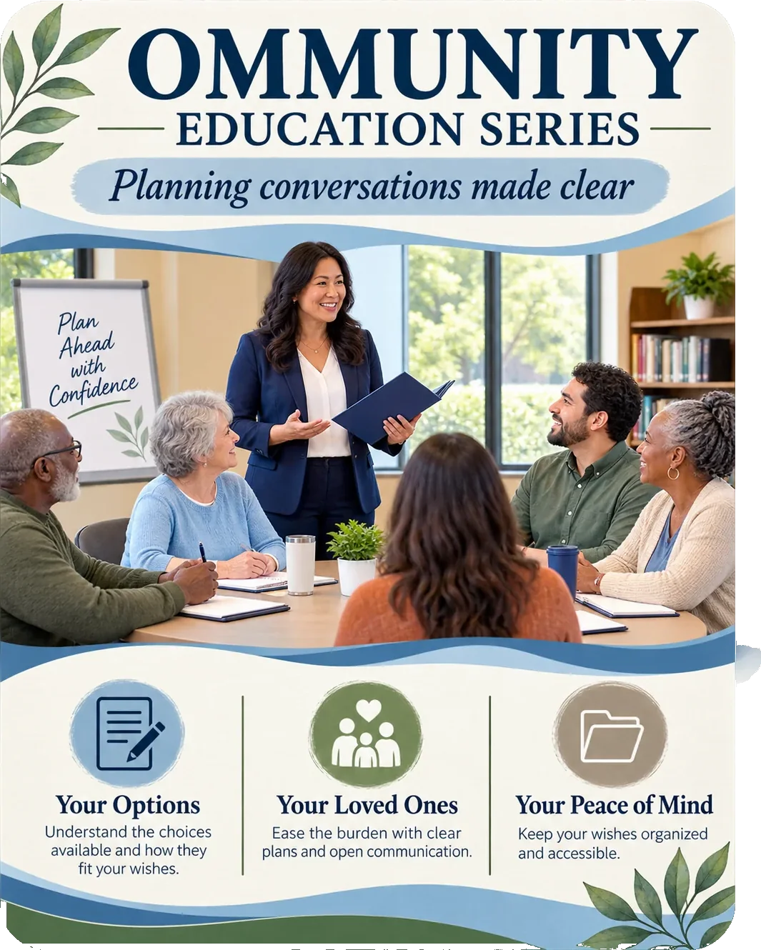 Community education one-sheet: a community education series, planning conversations made clear, with your options, your loved ones and your peace of mind as three marked panels.