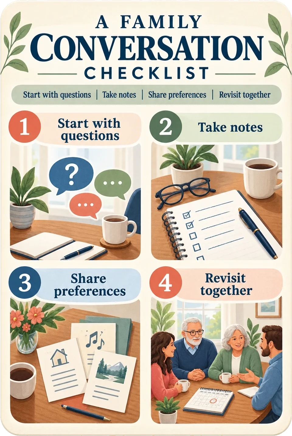 Family conversation checklist: a family conversation checklist, with start with questions, take notes, share preferences and revisit together as four numbered panels.
