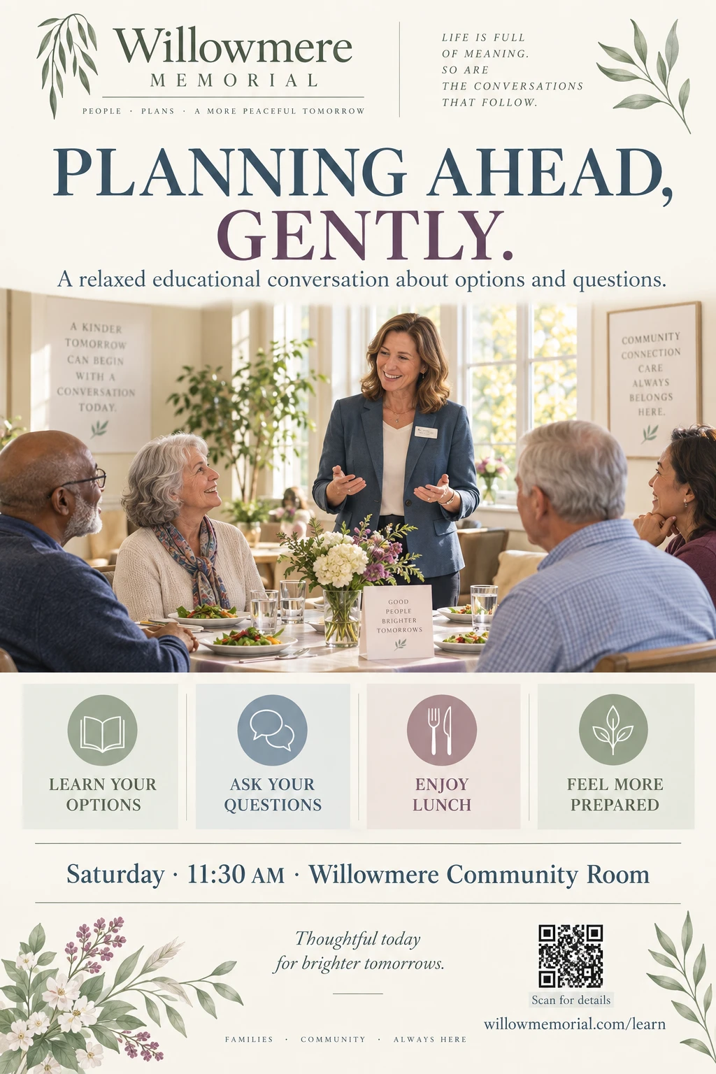 Lunch-and-learn invitation: planning ahead, gently, a preneed planning lunch and learn described as a relaxed educational conversation about options and questions, with learn your options, ask your questions, enjoy lunch and fellowship and feel more prepared as four marked panels, and reserve a seat.