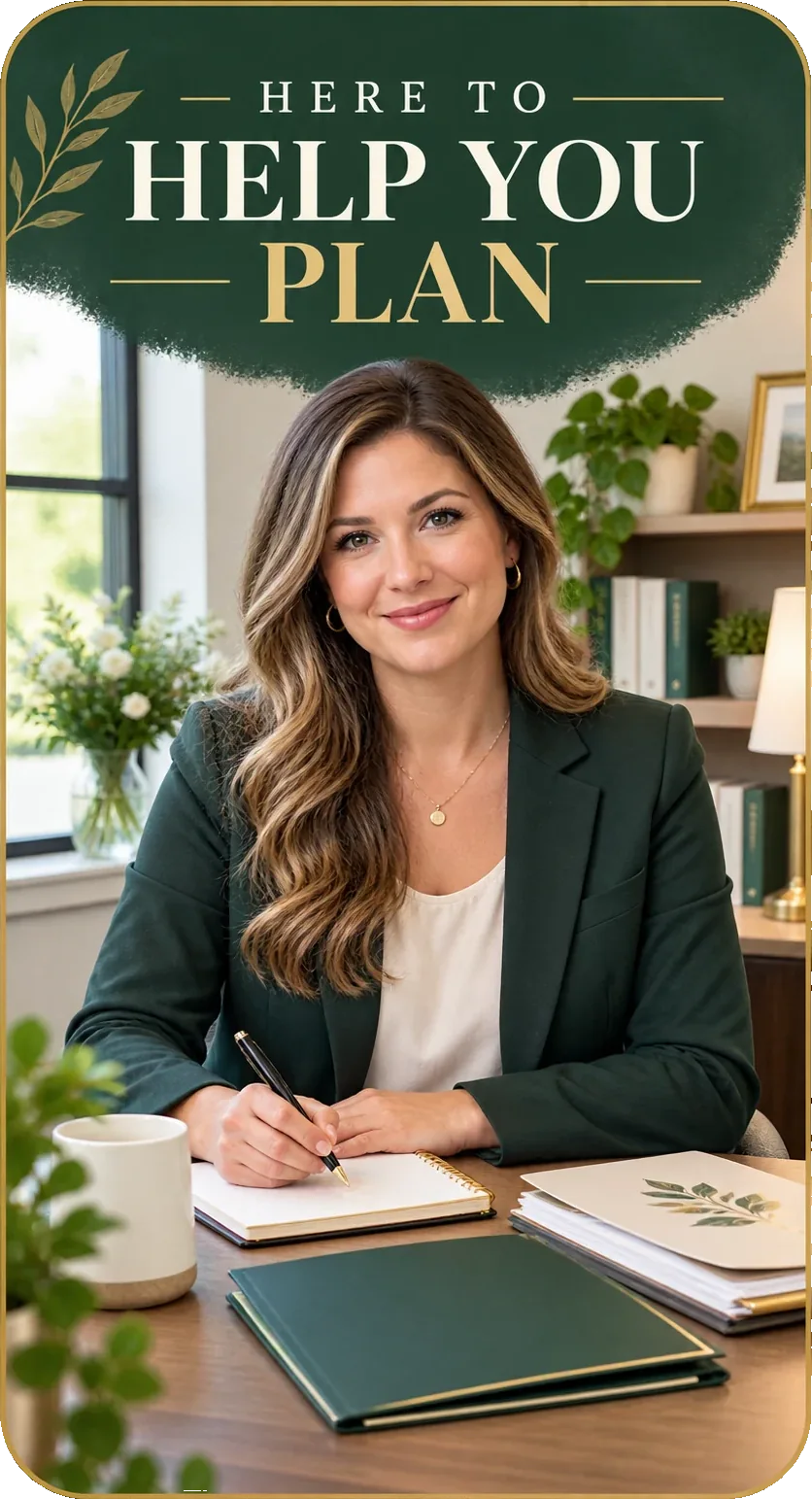 Planning-counsellor profile Reel: here to help you plan, a counsellor at her desk with the planning folders and a notebook open in front of her.