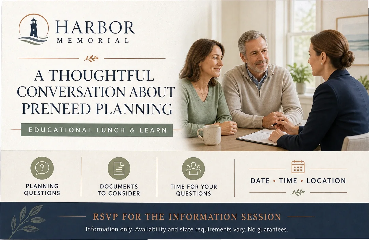 Educational seminar invitation mailer: a thoughtful conversation about preneed planning, an educational lunch and learn, with planning questions, documents to consider and time for your questions as three marked panels beside the date, time and location fields, RSVP for the information session, and information only, availability and state requirements vary, no guarantees along the foot.