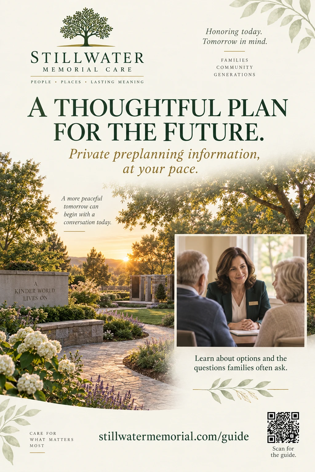 Preneed postcard: a thoughtful plan for the future, private preneed information at your pace, learn about options and the questions families often ask, request the guide, and the provider’s own guide address at the foot.