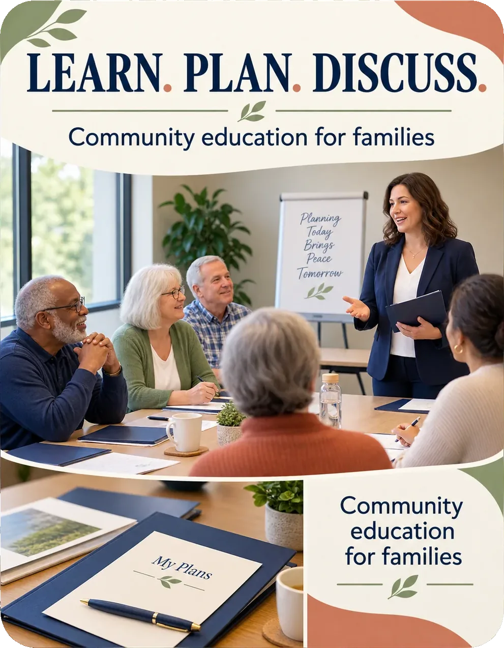 Seminar carousel: learn, plan, discuss, community education for families, over a facilitator taking a table of attendees through a planning session.