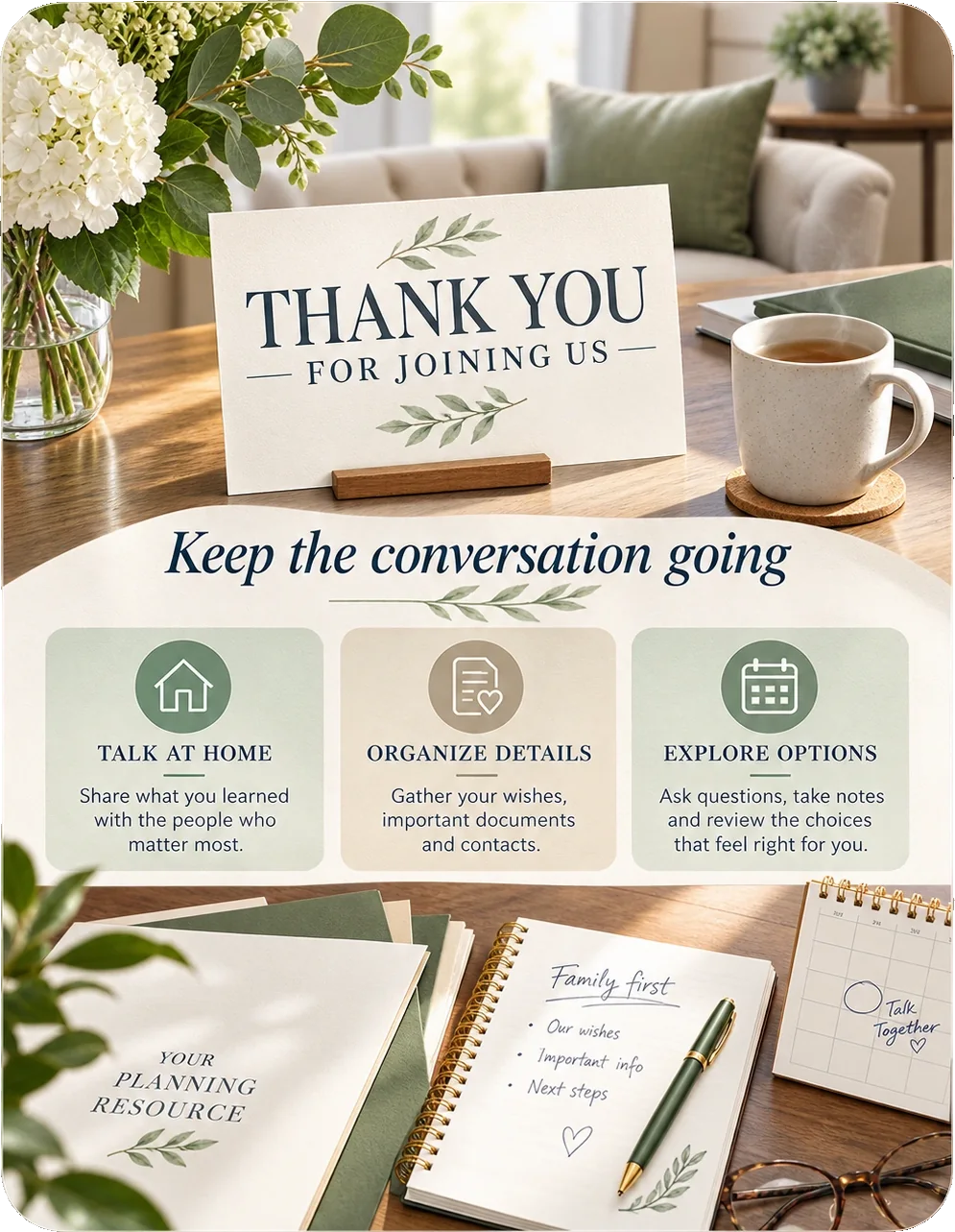 Seminar follow-up sheet: thank you for joining us, keep the conversation going, with talk at home, organize details and explore options as three marked panels over the planning resource and the notes an attendee took.