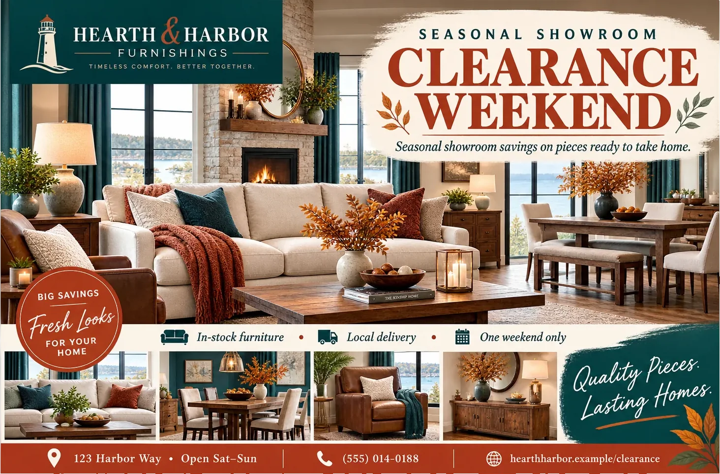 Oversized clearance postcard: a seasonal showroom clearance under the store’s own lockup, seasonal showroom savings on pieces ready to take home, with in-stock furniture and local delivery marked along the middle, four room shots beneath them, and the showroom’s street address, hours, phone number and web address across the foot.