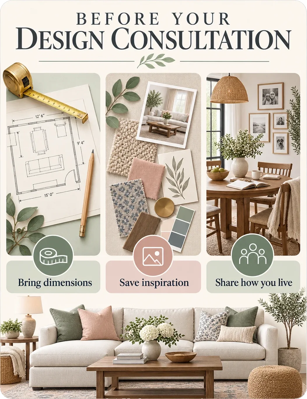 Design-consultation preparation sheet: before your design consultation, with bring dimensions, save inspiration and share how you live as three marked panels over a measured plan, a swatch board and a family table.