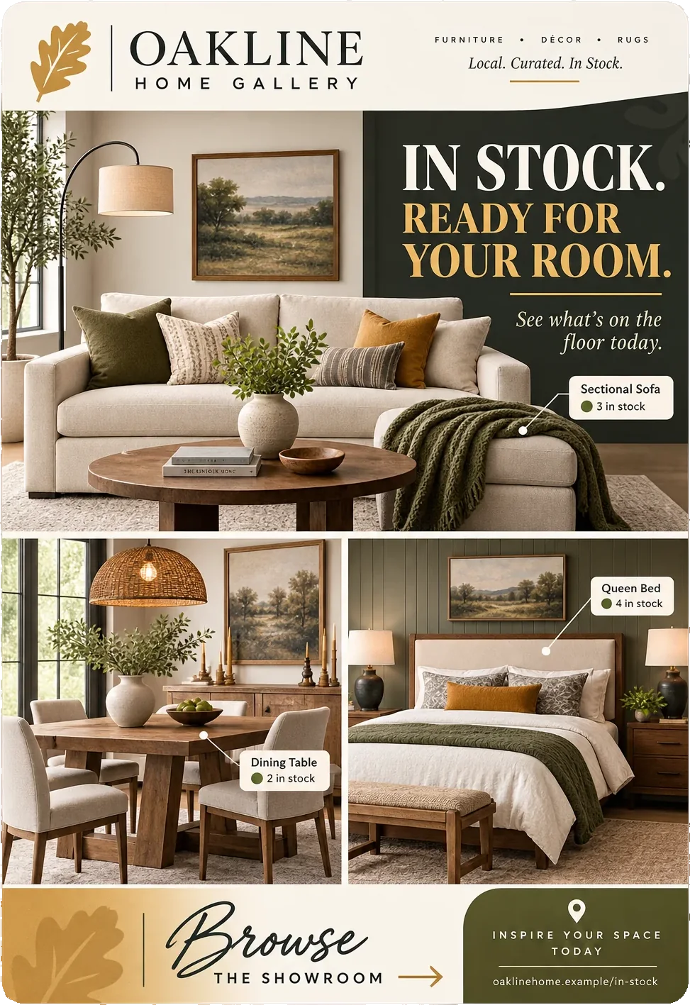 In-stock feed unit: in stock, ready for your room, see what’s on the floor today, with a sectional sofa, a dining table and a queen bed each pinned to its own in-stock count, and browse the showroom across the foot.
